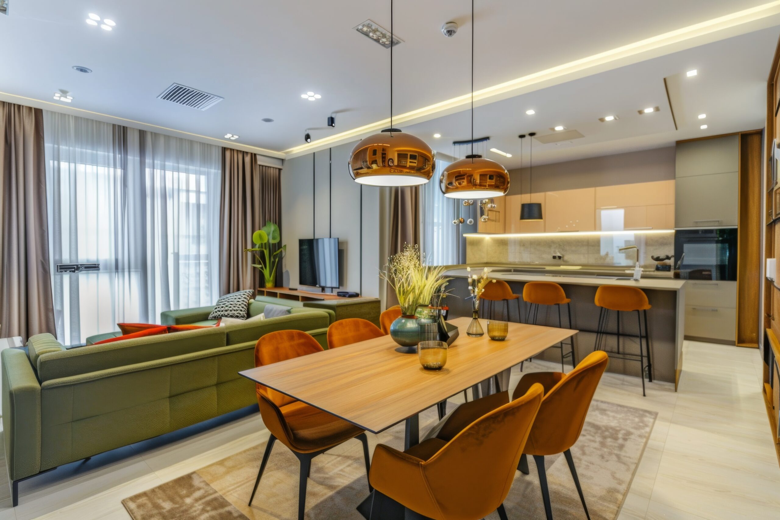 Modern Open-Concept Living Room with Elegant Dining Area and Kitchen.